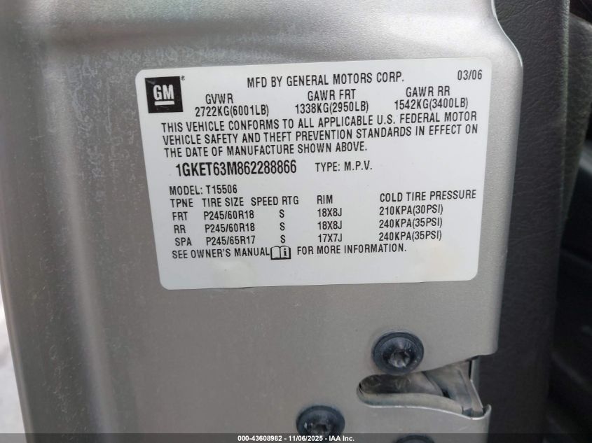 2006 GMC Envoy Denali VIN: 1GKET63M862288866 Lot: 43608982