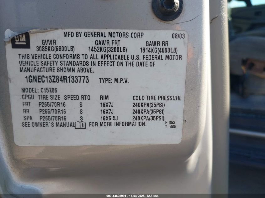 2004 Chevrolet Tahoe Ls VIN: 1GNEC13Z84R133773 Lot: 43608991