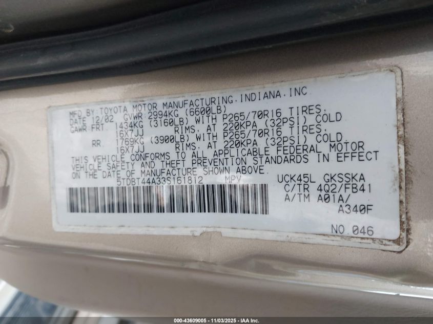 2003 Toyota Sequoia Sr5 V8 VIN: 5TDBT44A33S161812 Lot: 43609005