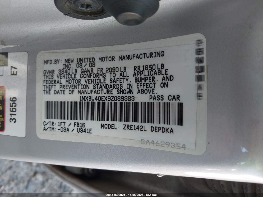 2009 Toyota Corolla Le VIN: 1NXBU40EX9Z089383 Lot: 43609024