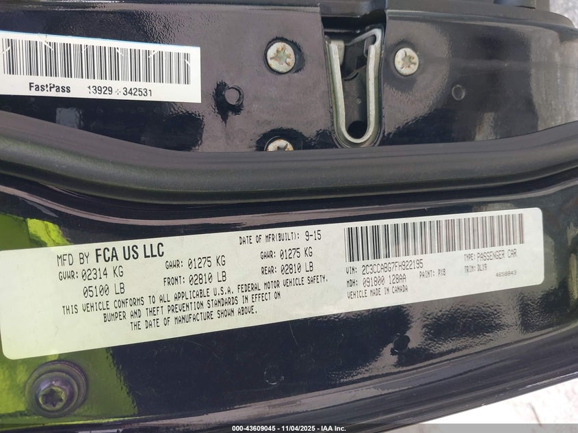 2015 Chrysler 300 300S VIN: 2C3CCABG7FH922195 Lot: 43609045