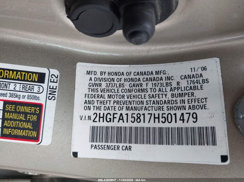 2007 Honda Civic Ex VIN: 2HGFA15817H501479 Lot: 43609047