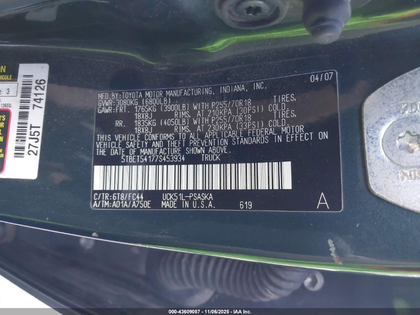 2007 Toyota Tundra Sr5 4.7L V8 VIN: 5TBET54177S453934 Lot: 43609087