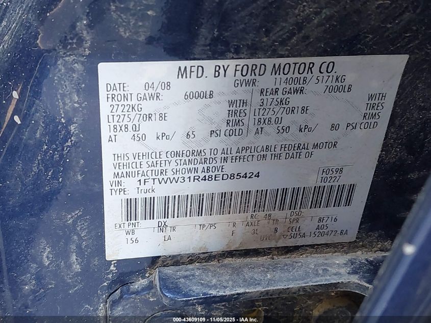 2008 Ford F-350 Fx4/Harley-Davidson/King Ranch/Lariat/Xl/Xlt VIN: 1FTWW31R48ED85424 Lot: 43609109