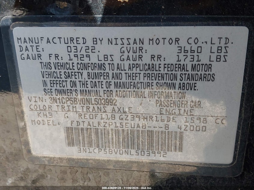 2022 NISSAN KICKS S XTRONIC CVT - 3N1CP5BV0NL503992