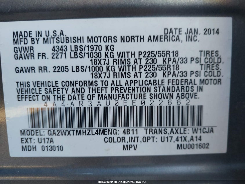2014 MITSUBISHI OUTLANDER SPORT ES - 4A4AR3AU0EE022662