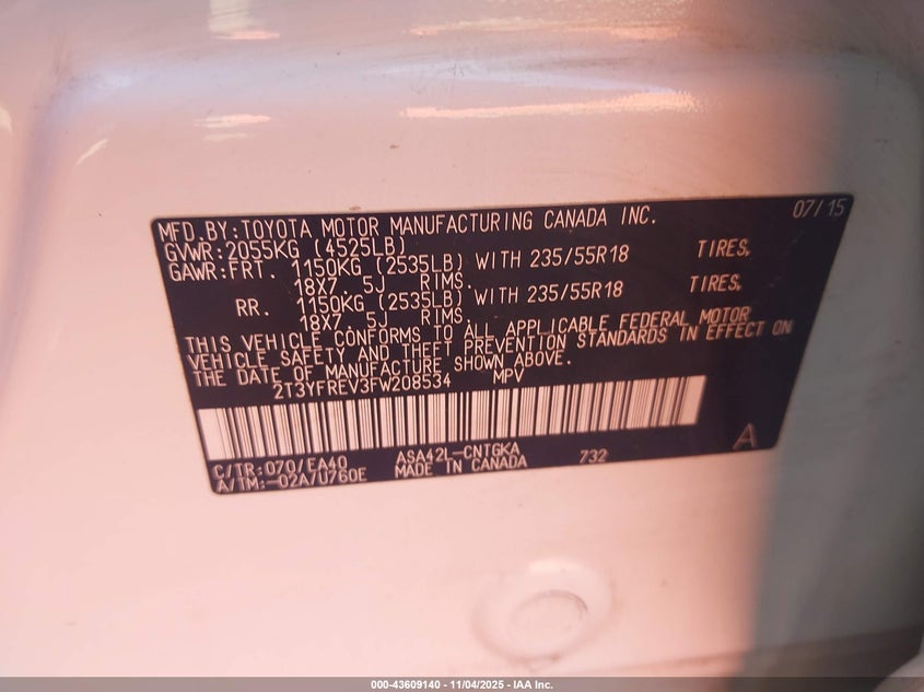 2015 TOYOTA RAV4 LIMITED 2T3YFREV3FW208534