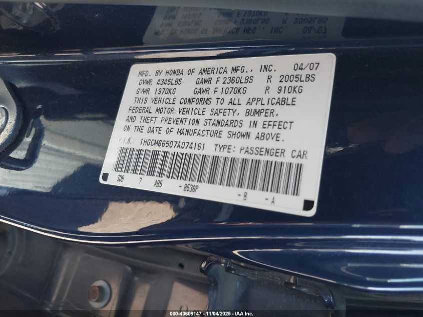 2007 Honda Accord 3.0 Ex VIN: 1HGCM66507A074161 Lot: 43609147