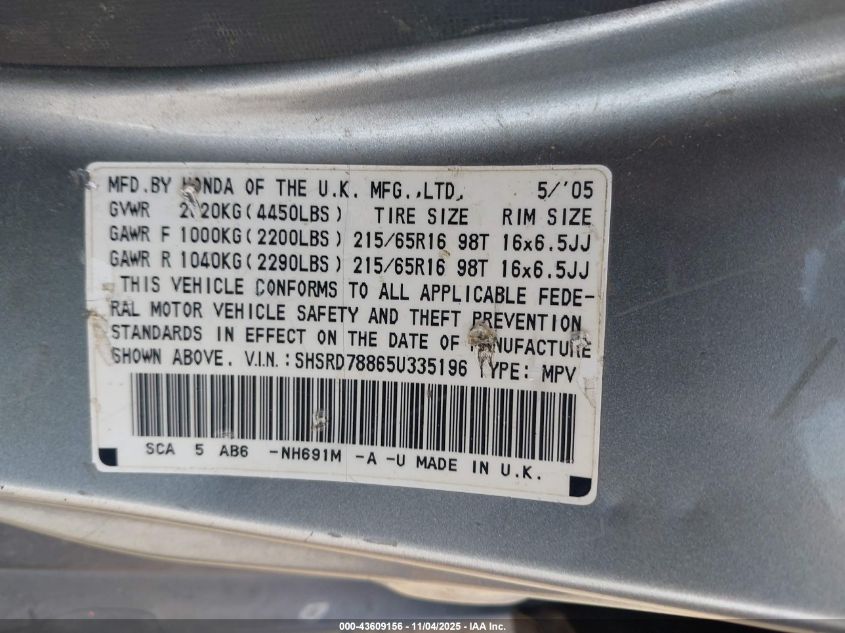 2005 Honda Cr-V Ex VIN: SHSRD78865U335196 Lot: 43609156