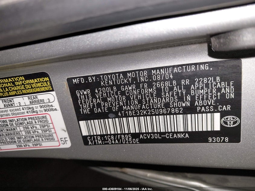 4T1BE32K25U967862 2005 TOYOTA CAMRY photo no. 9