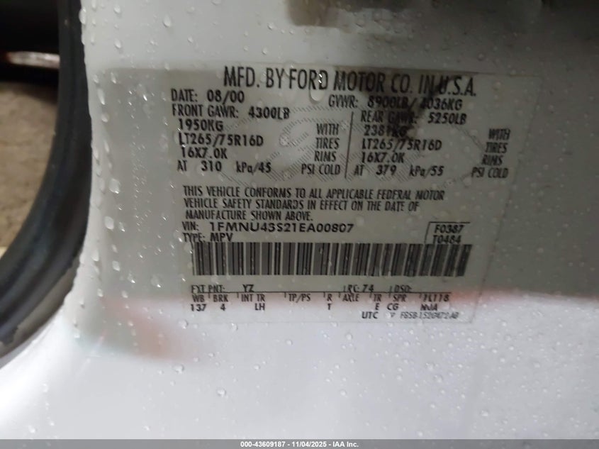 2001 Ford Excursion Limited VIN: 1FMNU43S21EA00807 Lot: 43609187