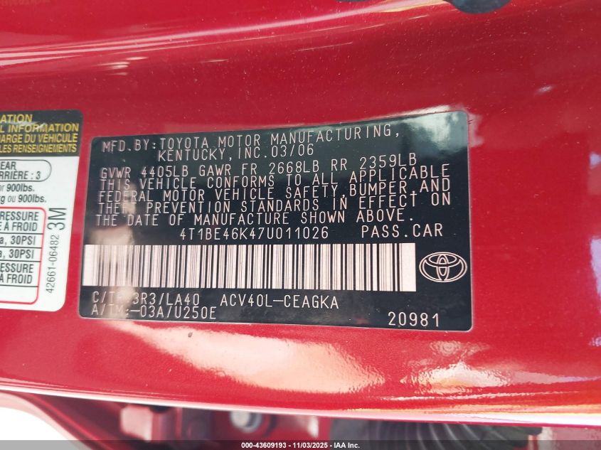 2007 Toyota Camry Xle VIN: 4T1BE46K47U011026 Lot: 43609193