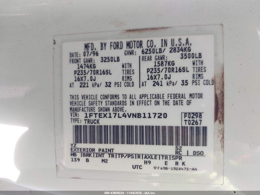 1997 Ford F-150 Lariat/Xl/Xlt VIN: 1FTEX17L4VNB11720 Lot: 43609224
