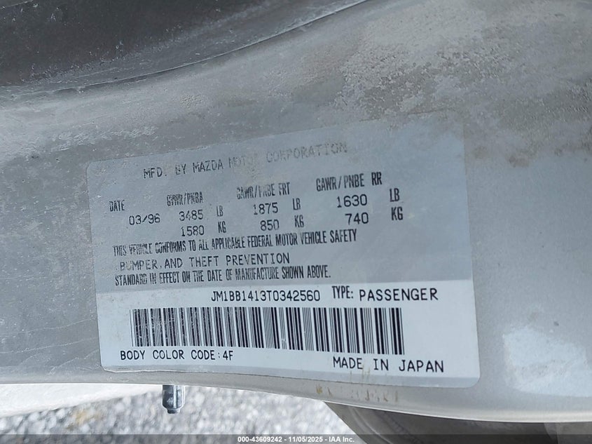 1996 Mazda Protege Dx/Lx/Es VIN: JM1BB1413T0342560 Lot: 43609242