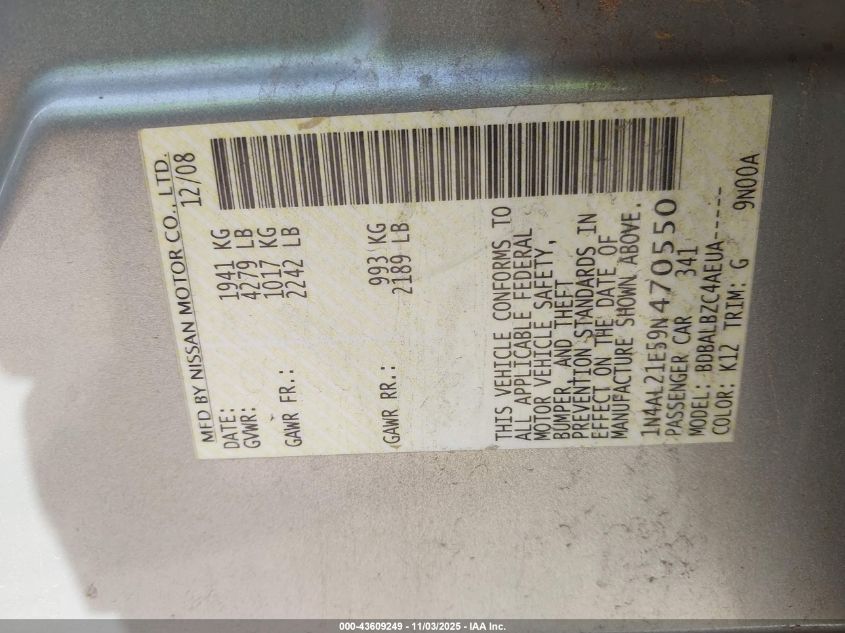 2009 Nissan Altima 2.5 S VIN: 1N4AL21E59N470550 Lot: 43609249