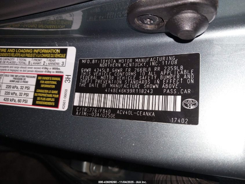 2009 Toyota Camry Le VIN: 4T4BE46K99R118243 Lot: 43609260