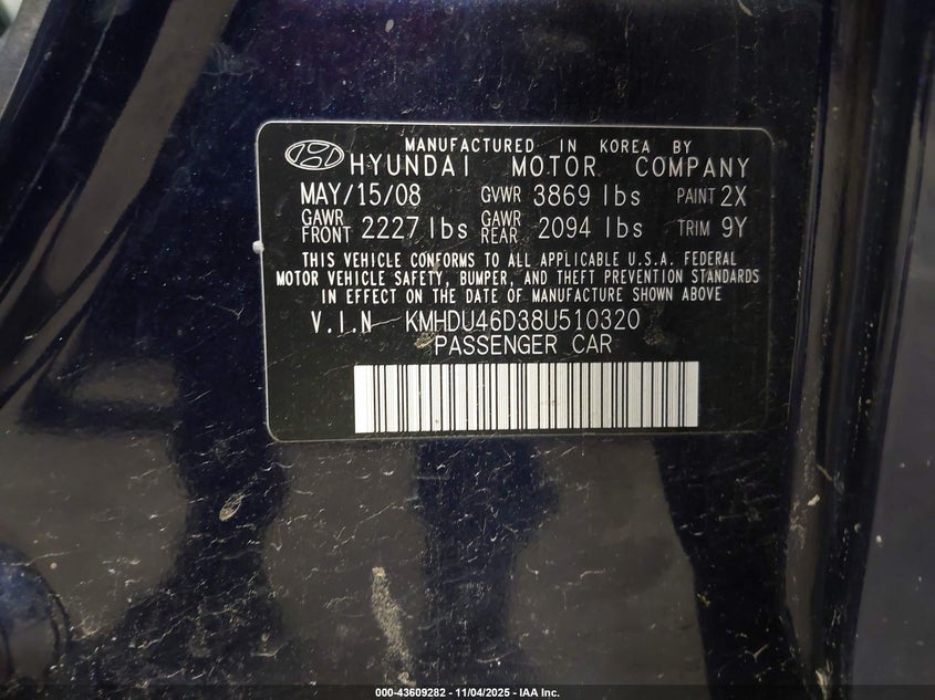 KMHDU46D38U510320 2008 HYUNDAI ELANTRA photo no. 9