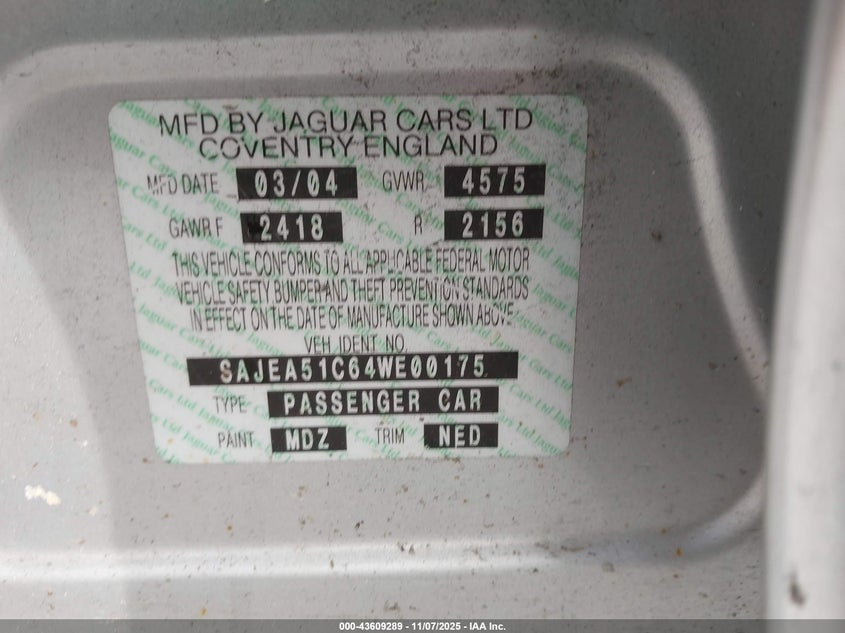 2004 Jaguar X-Type 3.0 VIN: SAJEA51C64WE00175 Lot: 43609289