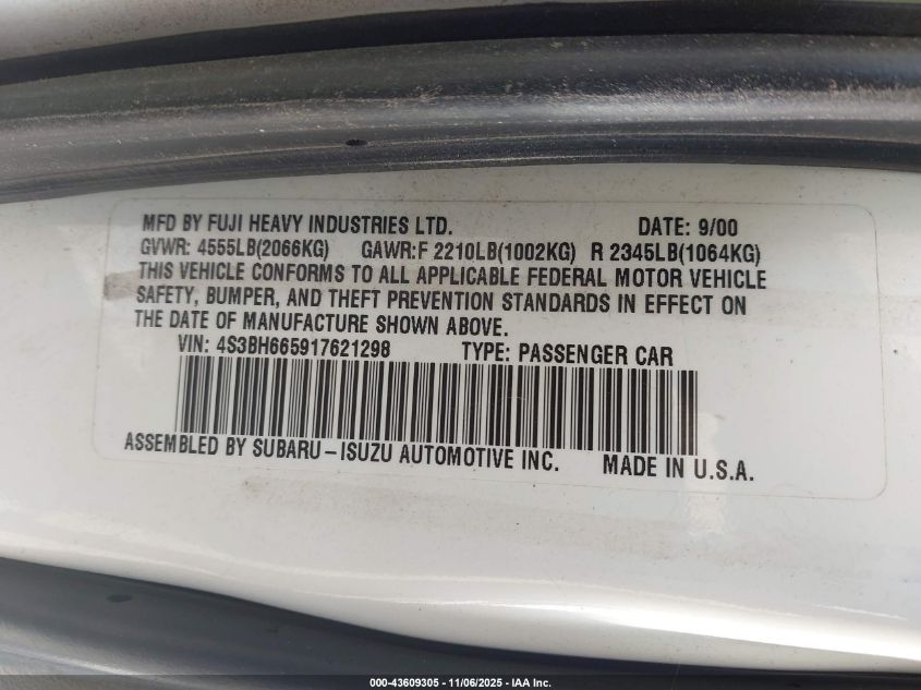 2001 Subaru Outback VIN: 4S3BH665917621298 Lot: 43609305