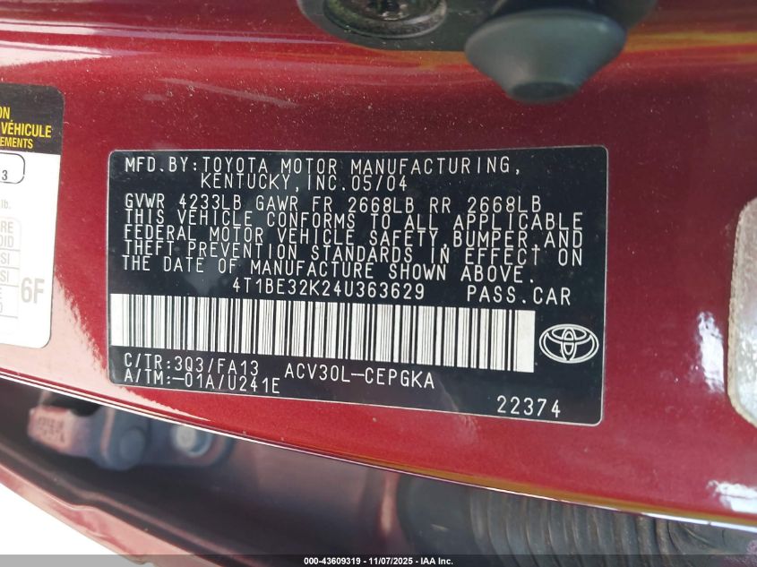 2004 Toyota Camry Xle VIN: 4T1BE32K24U363629 Lot: 43609319