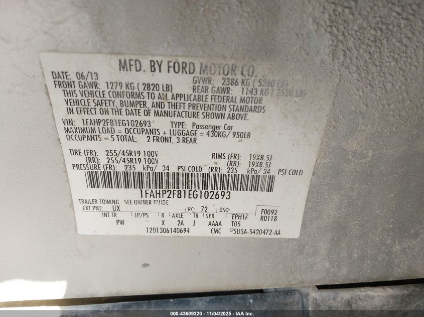 2014 FORD TAURUS LIMITED - 1FAHP2F81EG102693