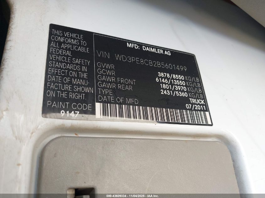 2011 Mercedes-Benz Sprinter 2500 High Roof VIN: WD3PE8CB2B5601499 Lot: 43609334