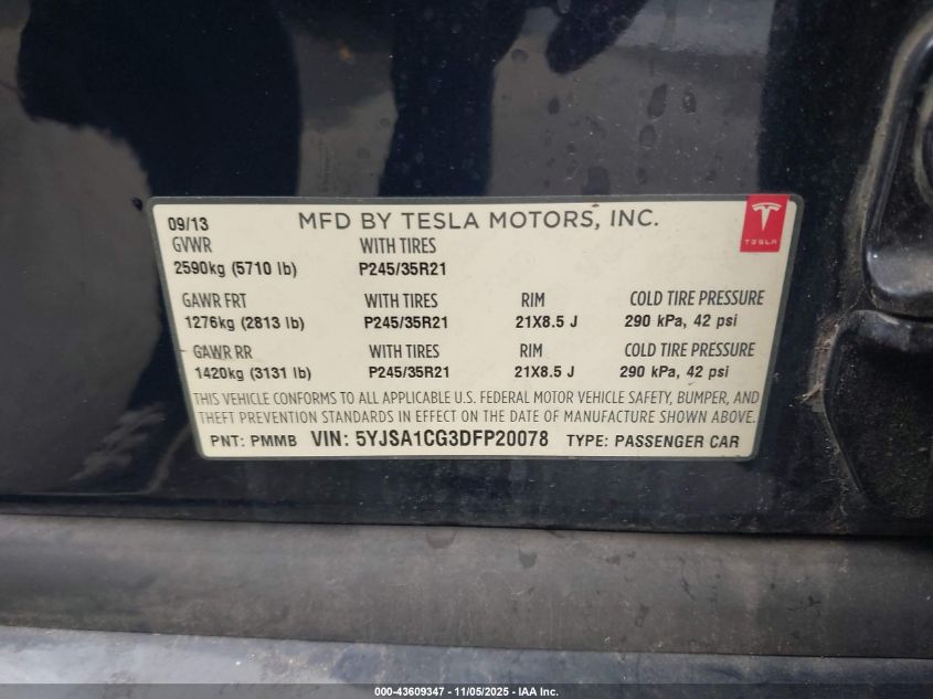 2013 Tesla Model S VIN: 5YJSA1CG3DFP20078 Lot: 43609347