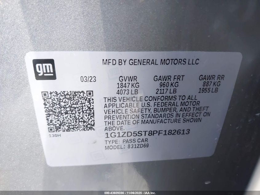 2023 Chevrolet Malibu Fwd 1Lt VIN: 1G1ZD5ST8PF182613 Lot: 43609356