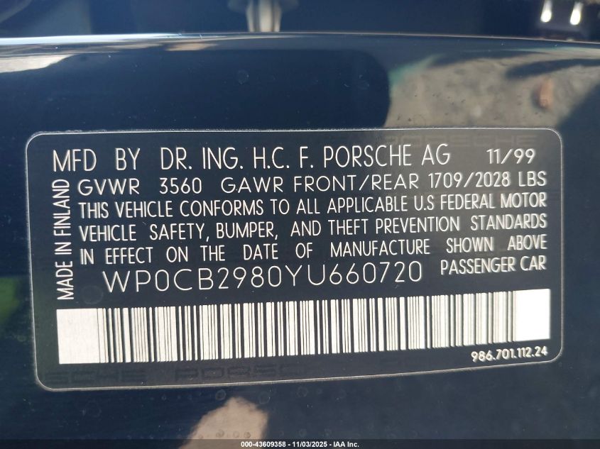 2000 Porsche Boxster S VIN: WP0CB2980YU660720 Lot: 43609358