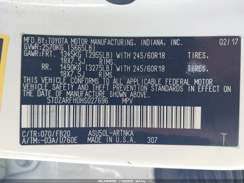 2017 TOYOTA HIGHLANDER LE - 5TDZARFH0HS027696