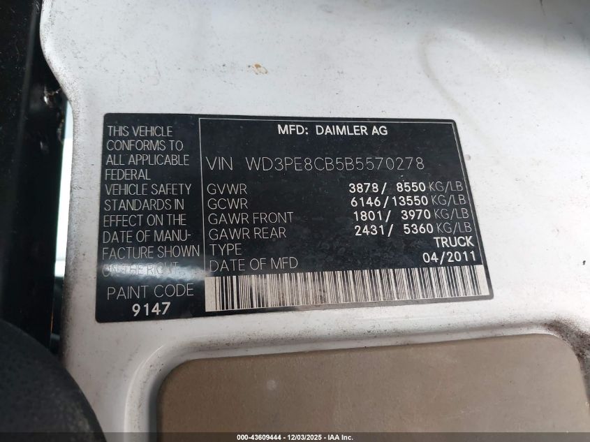 2011 Mercedes-Benz Sprinter 2500 High Roof VIN: WD3PE8CB5B5570278 Lot: 43609444