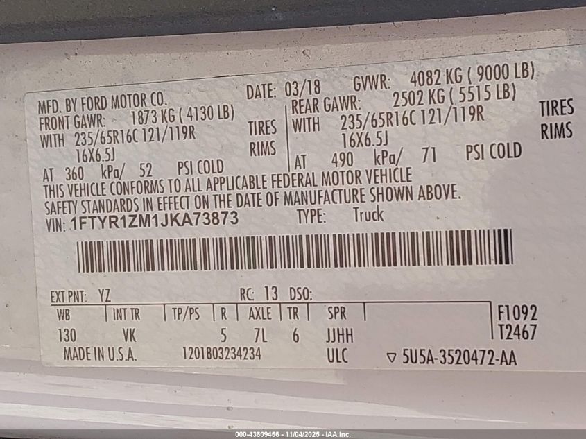 2018 Ford Transit-250 VIN: 1FTYR1ZM1JKA73873 Lot: 43609456