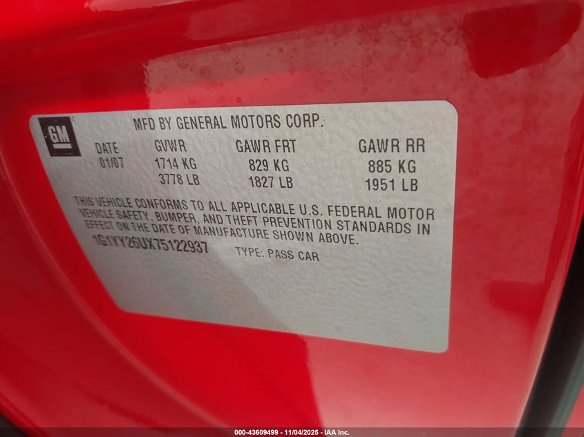 2007 Chevrolet Corvette VIN: 1G1YY26UX75122937 Lot: 43609499