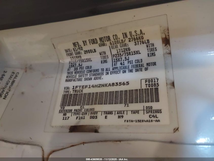 1992 Ford F150 VIN: 1FTEF14H2NKA83565 Lot: 43609539