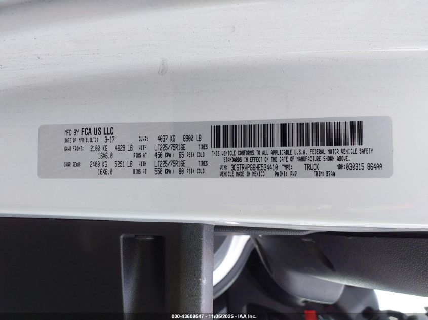2017 Ram Promaster 2500 Window Van High Roof 159 Wb VIN: 3C6TRVPG6HE534410 Lot: 43609547