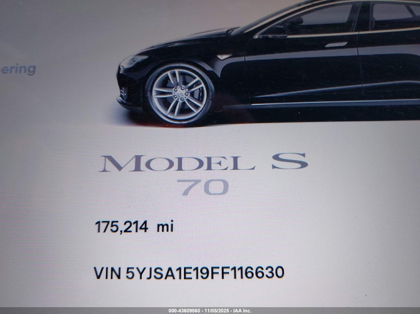 2015 Tesla Model S 60/70/85 VIN: 5YJSA1E19FF116630 Lot: 43609560