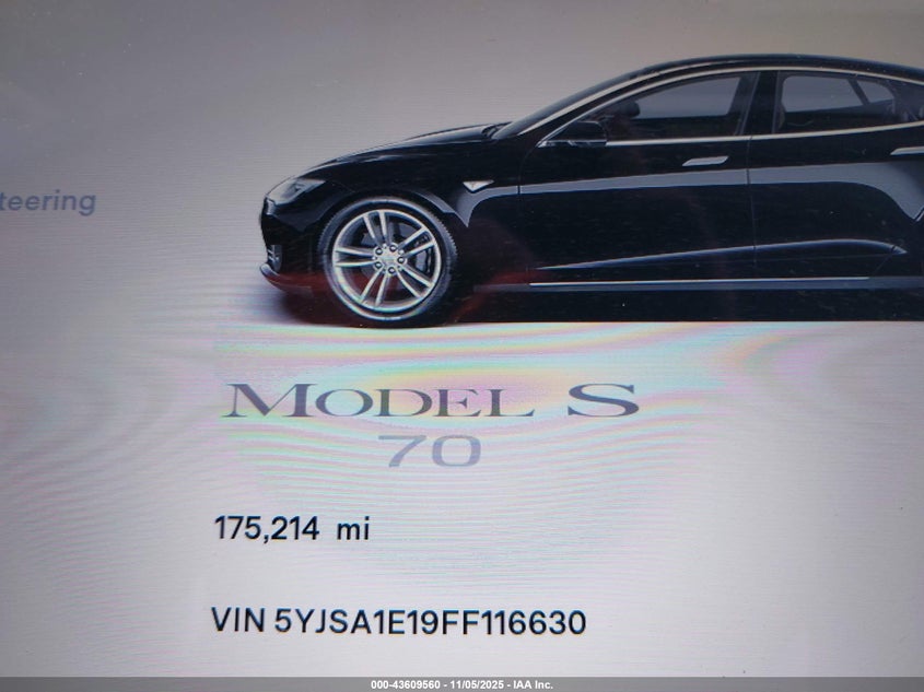 2015 Tesla Model S 60/70/85 VIN: 5YJSA1E19FF116630 Lot: 43609560