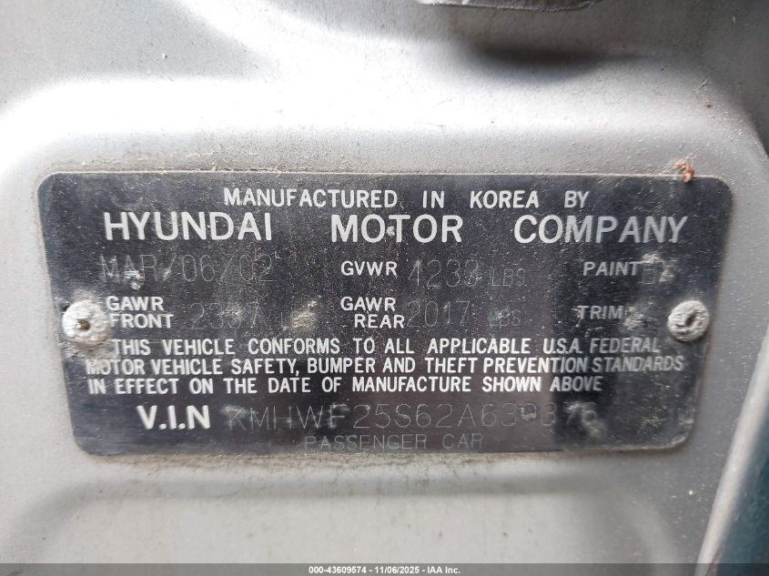 2002 Hyundai Sonata VIN: KMHWF25S62A639376 Lot: 43609574