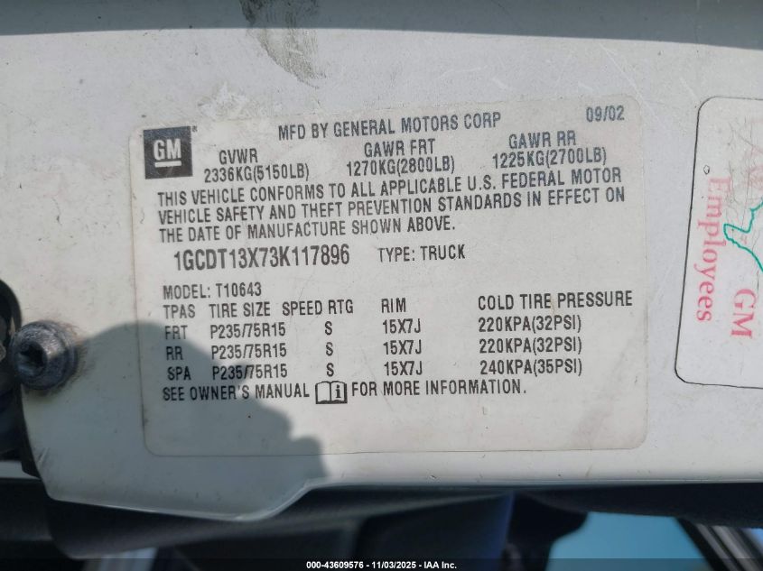 2003 Chevrolet S-10 Ls VIN: 1GCDT13X73K117896 Lot: 43609576