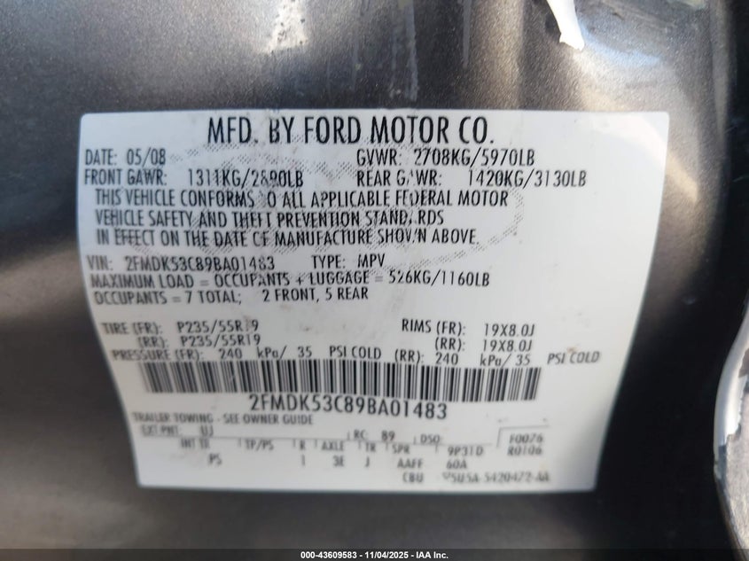 2009 Ford Flex Limited VIN: 2FMDK53C89BA01483 Lot: 43609583