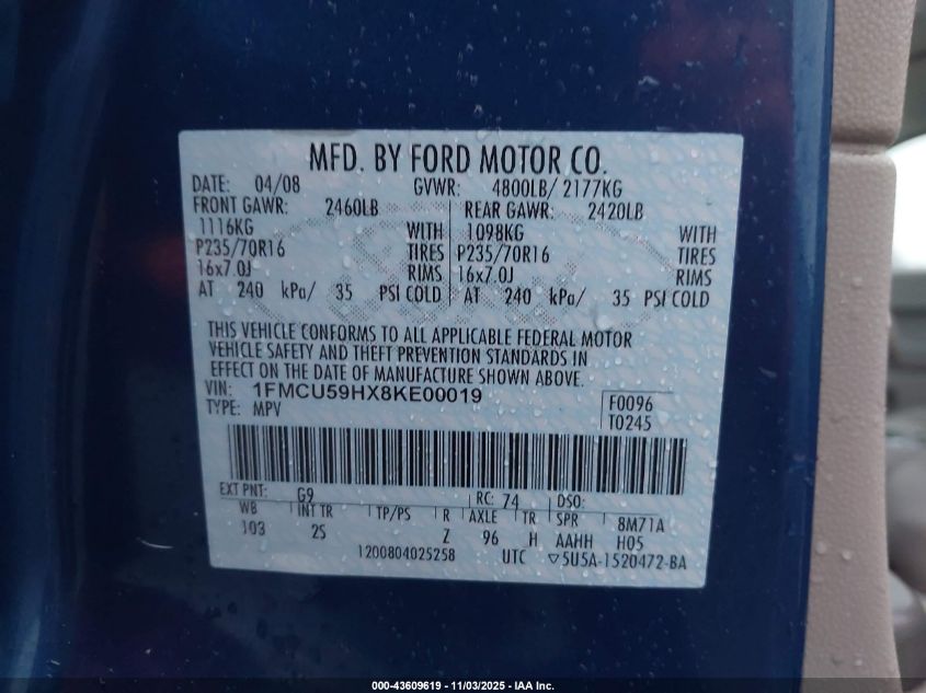2008 Ford Escape Hybrid VIN: 1FMCU59HX8KE00019 Lot: 43609619