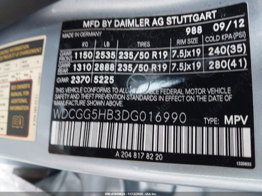 2013 Mercedes-Benz Glk 350 VIN: WDCGG5HB3DG016990 Lot: 43609624