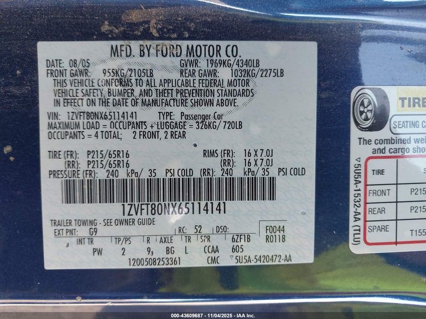 2006 Ford Mustang V6 VIN: 1ZVFT80NX65114141 Lot: 43609687