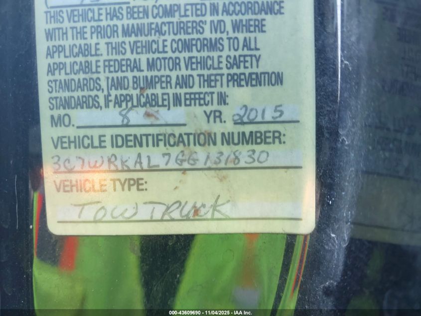2016 Ram 4500 Chassis Tradesman/Slt VIN: 3C7WRKAL7GG131830 Lot: 43609690