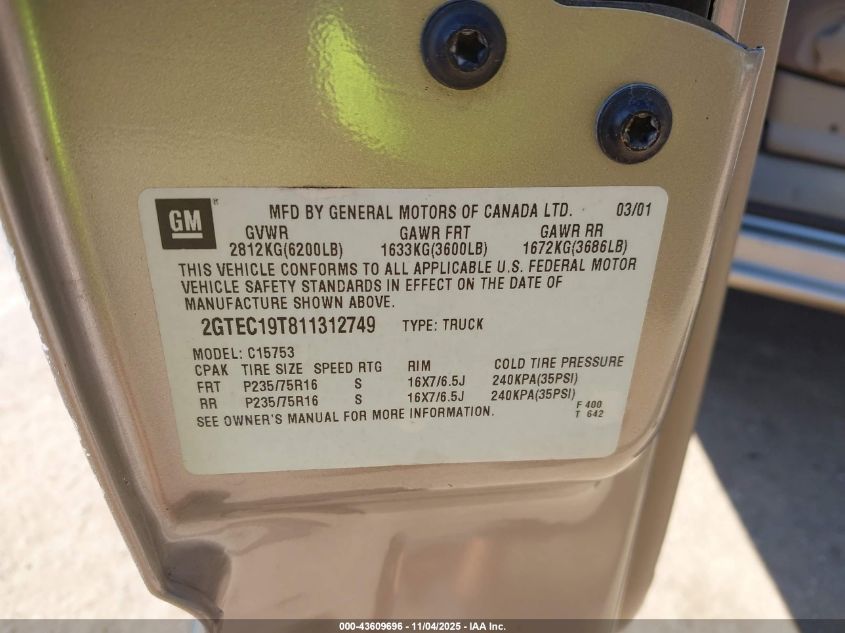 2001 GMC Sierra 1500 Sle VIN: 2GTEC19T811312749 Lot: 43609696