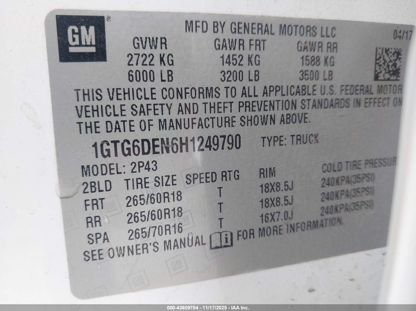 2017 GMC Canyon Slt VIN: 1GTG6DEN6H1249790 Lot: 43609704