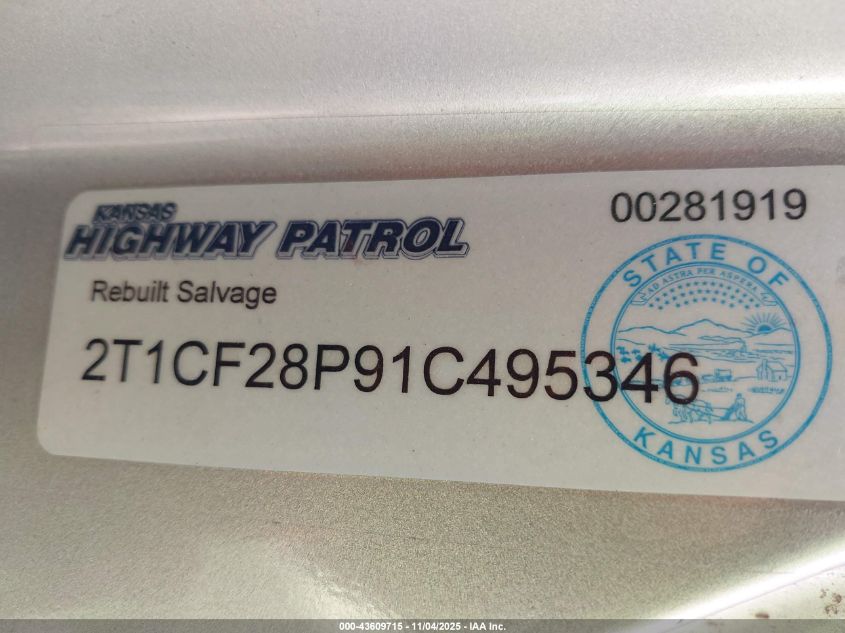 2001 Toyota Camry Solara Sle V6 VIN: 2T1CF28P91C495346 Lot: 43609715