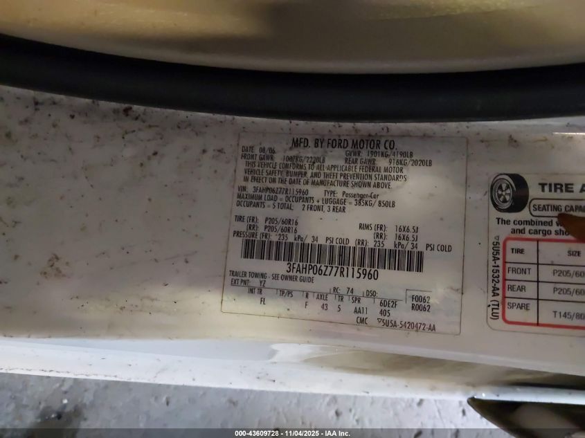 2007 Ford Fusion S VIN: 3FAHP06Z77R115960 Lot: 43609728