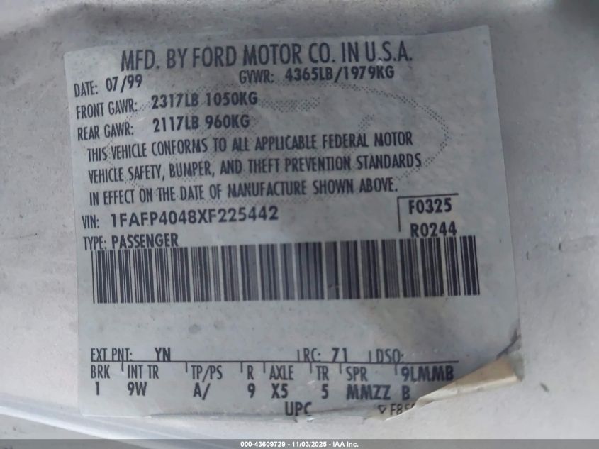 1999 Ford Mustang VIN: 1FAFP4048XF225442 Lot: 43609729