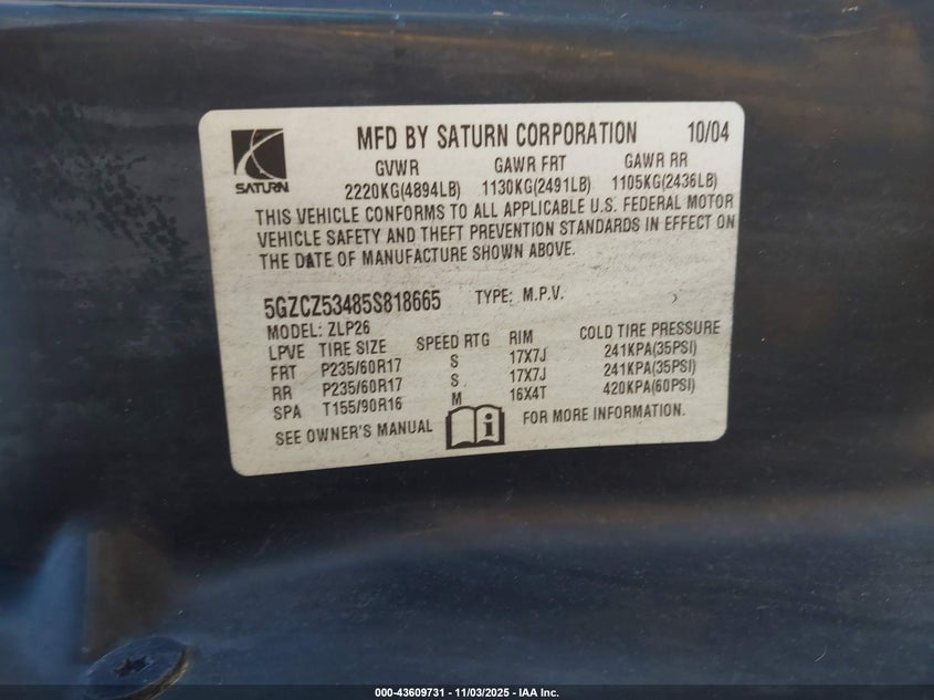 5GZCZ53485S818665 2005 SATURN VUE photo no. 9